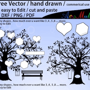 Modelo SVG de clipart de árvore genealógica, EPS, Dxf, Png, Pdf, Jpg / silhueta de árvore genealógica / vetor svg de árvore desenhada à mão / Uso comercial e pessoal