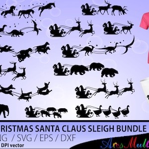 May include: A set of 14 black and white vector illustrations of Santa Claus' sleigh pulled by various animals, including reindeer, dinosaurs, unicorns, and elephants. The illustrations are perfect for creating Christmas crafts, cards, and decorations.