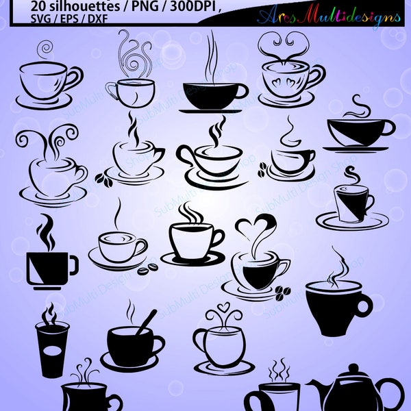 20 café svg / tasse à thé / HQ / silhouette tasse à café / silhouette tasse à thé / SVG / PNg / EPS / fichiers Dxf / vecteur / scrapbooking / tasse à café