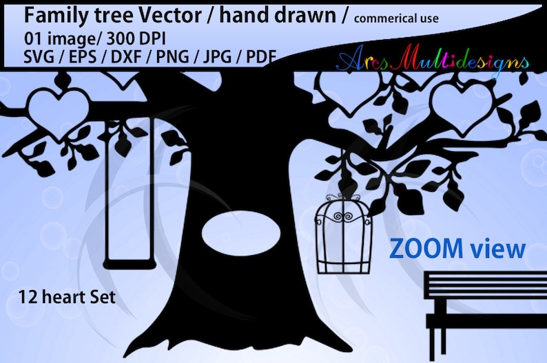EPS Png 12 hearts family tree clipart SVG J family tree silhouette hand drawn tree svg vector Commerical /& personal use Pdf Dxf