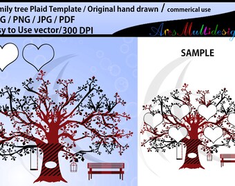 family tree clipart Plaid SVG template, Png, Pdf, Jpg / family tree silhouette /hand drawn tree svg vector / Commerical & personal use