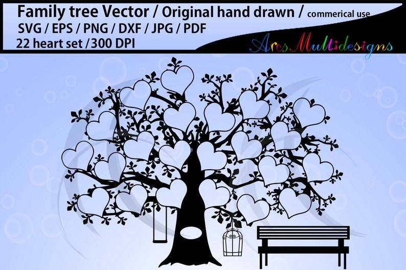 22 hearts family tree clipart SVG, EPS, Dxf, Png, Pdf, Jpg /family tree silhouette /hand drawn tree svg vector / Commerical & personal use image 1