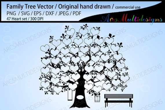 Family tree 47 heart template, EPS, Dxf, Png, Pdf, Jpg, SVG /family tree silhouette /hand drawn tree svg vector / Commerical & personal use Il_570xn