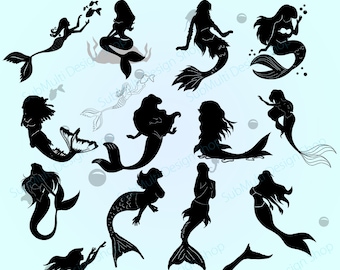 Mermaid silhouette / water girls / High Quality / beauty girl silhouette / mermaid vector / mermaid vector / EPS / PNG / SVG / DXf / 14nos