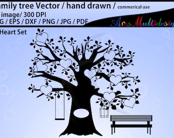 09 hearts family tree clipart SVG, EPS, Dxf, Png, Pdf, /hand drawn tree svg vector / Commerical & personal use / Print at home. Digital