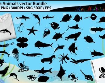 Sea animals svg silhouette bundle / sea animals silhouette SVG vector - printable /Eps, Svg, Png and Dxf