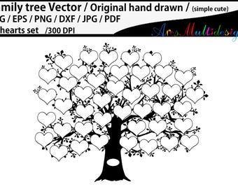 Family Tree with 42 Hearts: Hand-Drawn Vector (Digital Download)