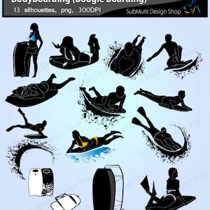Op de afbeelding: Een set van 13 zwart-witte silhouet-illustraties van mensen die bodyboarden. De illustraties zijn in verschillende poses en tonen de mensen die op hun boards over de golven rijden. De illustraties zijn perfect voor gebruik in digitaal scrapbooken, kaart maken en andere creatieve projecten.