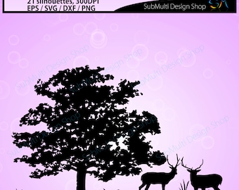 Deer silhouette / deer silhouette svg file / vector deer / Deer SVG / EPS / PNG / DXf / printable / tree silhouette // tree / 21nos