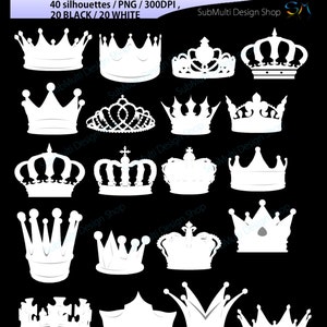 Puede incluir: Un conjunto de 40 siluetas de coronas en blanco y negro. Las coronas son de varios estilos, incluyendo tradicionales, ornamentadas y simples. Las siluetas son perfectas para usar en proyectos de dise&ntilde;o digital, como invitaciones, tarjetas y logotipos.