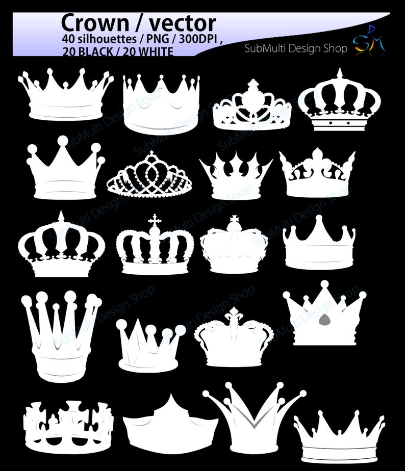 Puede incluir: Un conjunto de 40 siluetas de coronas en blanco y negro. Las coronas son de varios estilos, incluyendo tradicionales, ornamentadas y simples. Las siluetas son perfectas para usar en proyectos de dise&ntilde;o digital, como invitaciones, tarjetas y logotipos.