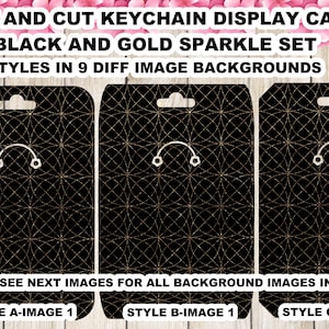 Keychain Display Cards Black and Gold Glitter print and cut ready .png transparent background files