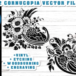 Cornucopia SVG - Ringraziamento SVG - 2 disegni di Cornucopia in 3 diversi formati - Cornucopia per la combustione del legno