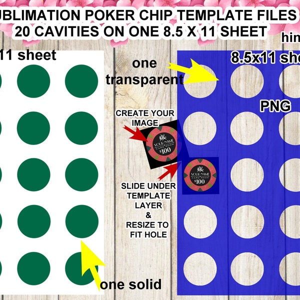 Sublimation Poker Chip Template in two different styles, 1 png and 1 jpeg, 20 cavities per 8.5 x 11 page