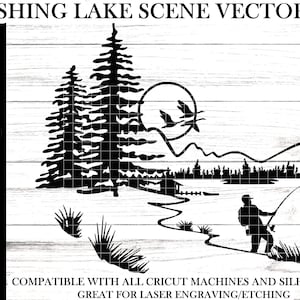 Cabin at the lake svg - Lake scene svg - Fishing man svg - Fishing at the cabin svg - Cabin Lake svg - Scenic Lake svg