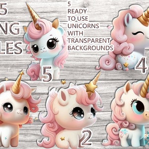 Cute Unicorn png files - Unicorn sublimation files - 5 individual Unicorn files with transparent background