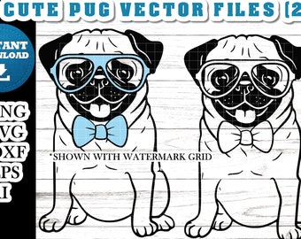 Cute Pug svg with bow tie and glasses - pug svg - pug dxf - Pug with glasses engraving file svg- 5 file types