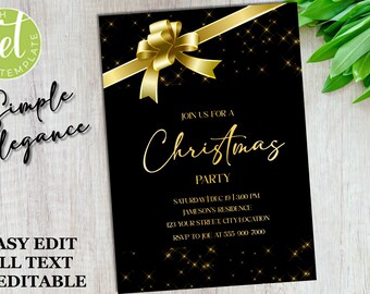 Black and Gold Christmas Invitation Digital Format Instant Dowload You Edit - Elegant Black and Gold Party Invitation