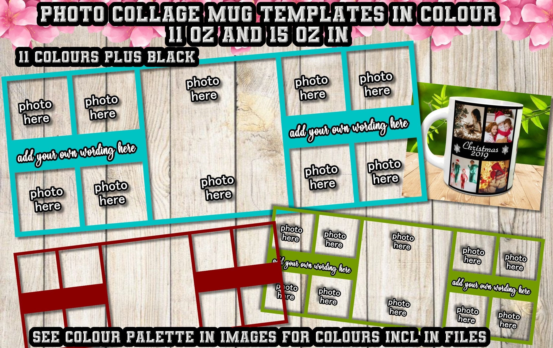 Photo Collage Mug Sublimation Templates 12 colors incl black - Full W…
