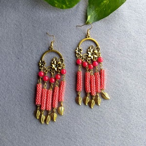 Chandelier Seed Bead Earrings with Golden Leaf Charm