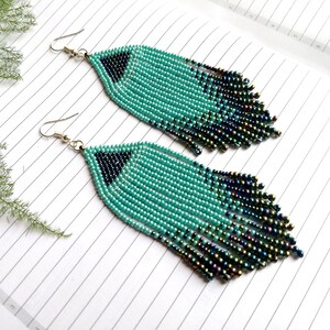 Mint Green and Iridescent Fringe Seed Bead Earrings for Women