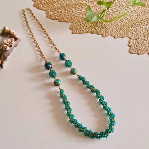 Teal Green and Golden Long Seed Bead Statement Necklace for Women | Handmade Bohemian Jewelry