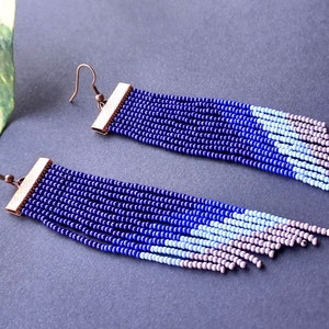 Long Blue Fringe Seed Bead Earrings