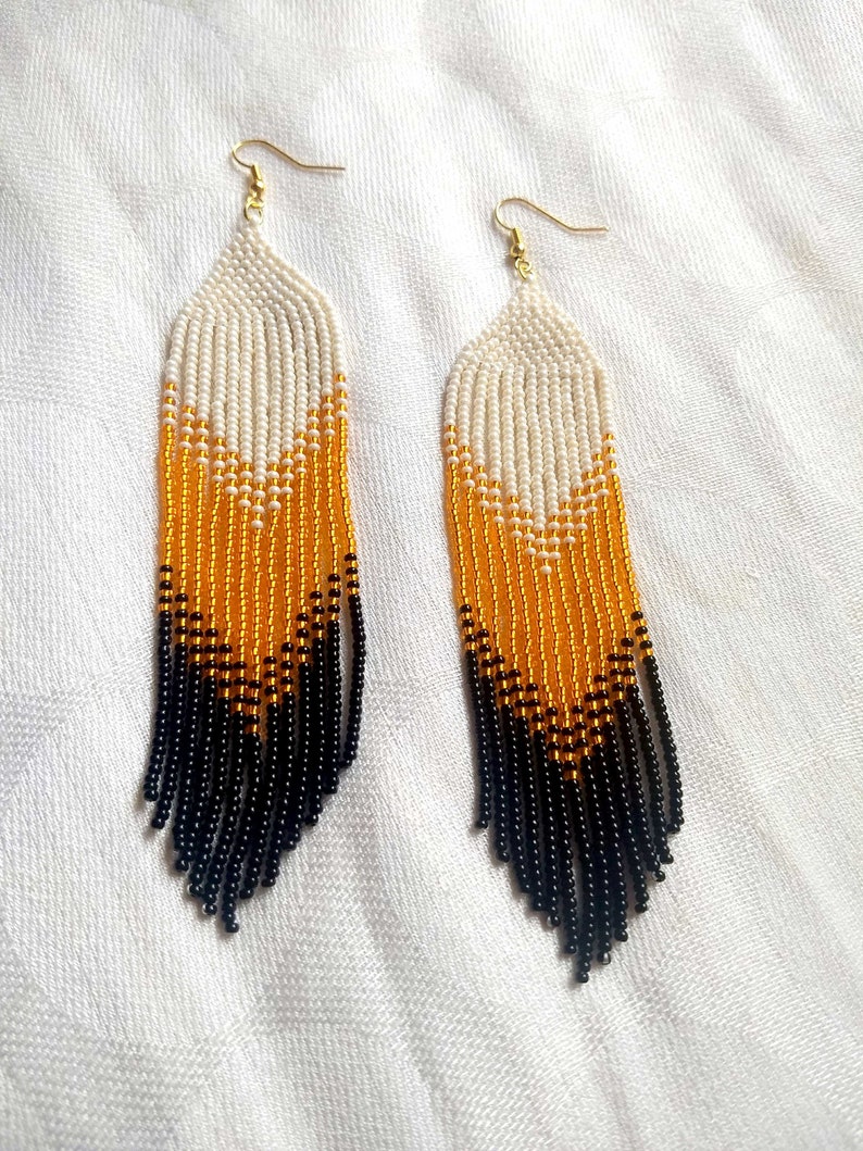 Fringe Seed Bead Earrings Orange and Black Very Long Beaded Etsy