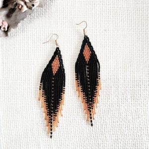 Long Black and Golden Fringe Seed Bead Earrings for Women | Handmade Boho Style Earrings | Gift for Her