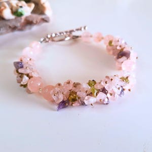 Rose Quartz, Amethyst and Peridot Mixed Gemstone Beaded Bracelet for Women