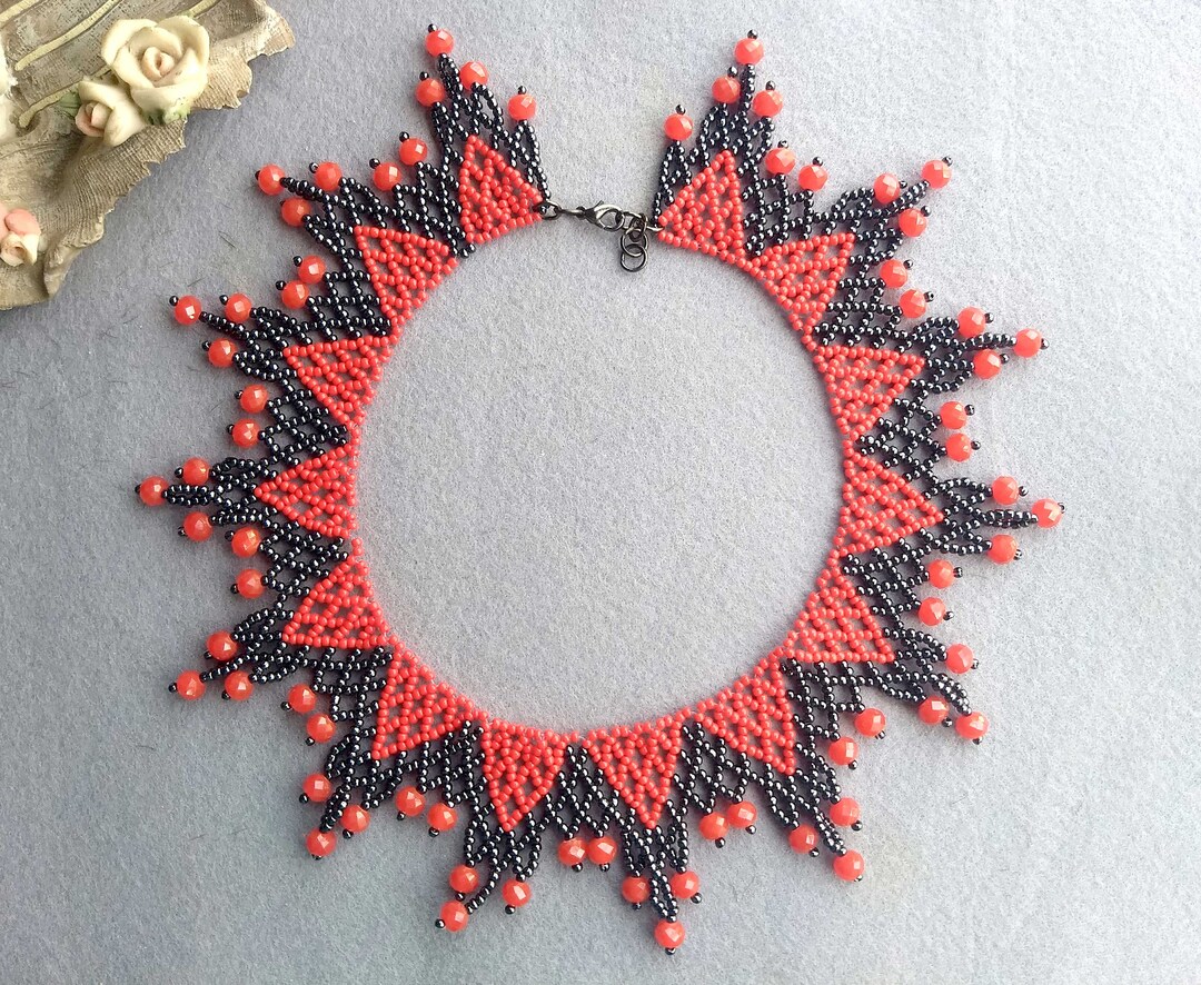 Handmade Bohemian Necklace : Red and Black Beaded Choker | Seed Bead ...