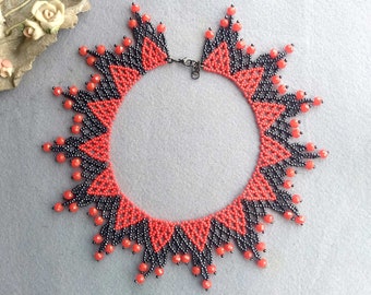 Red and Black Seed Bead Collar Choker Necklace For Women