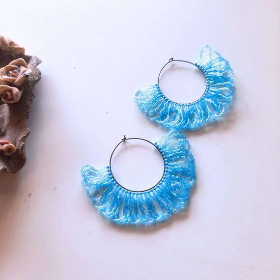 Handmade Light Blue Seed Bead Hoop Earrings: Bohemian Fringe