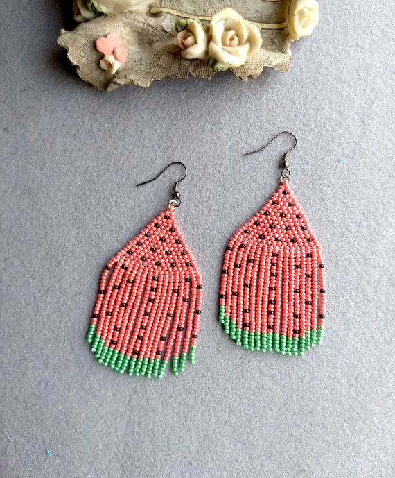 Watermelon Fruit Fringe Tassel Handwoven Seed Bead Earrings for