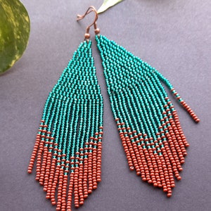 Emerald Green and Brown Long Fringe Seed Bead Earrings for Women - Handmade Bohemian Earrings - Gift For Her
