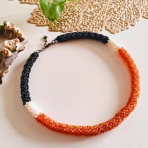 Black and Orange Seed Bead Rope Necklace For Women | Handmade Bohemian Necklace