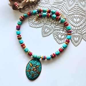 Turquoise and Colorful Wooden Beads Bohemian Necklace With Tribal Style Pendant For Women | Handmade Turquoise Necklace