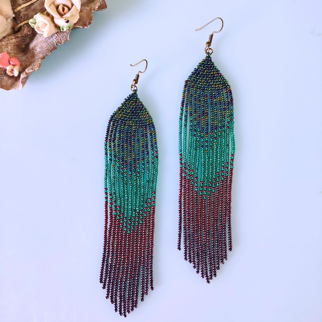 Handmade Bohemian Long Beaded Fringe Statement Earrings : Boho Multi ...