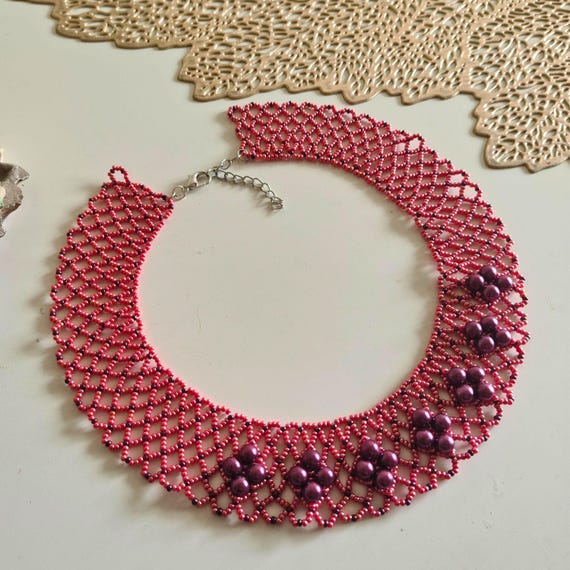 Dark Pink and Burgundy Statement Seed Bead Choker Necklace for