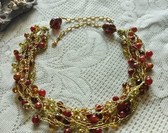 Collier bohème multirangs au crochet avec grosses perles pour femme : marron et doré | Bijoux bohèmes faits main