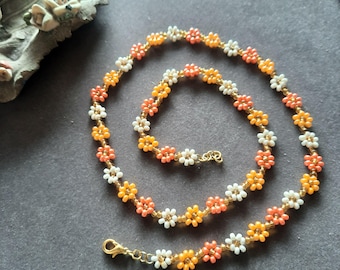 Daisy Bohemian Handmade Spring Necklace : Colorful Flower Beaded Choker | Seed Bead Jewelry