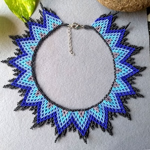 Blue Ombre Woven Seed Bead Collar Choker Necklace For Women, Seed Bead Necklace, Huichol Necklace