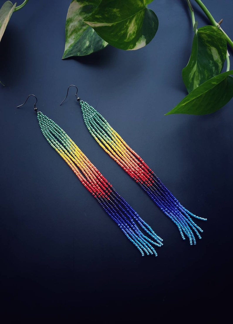 Rainbow Seed Bead Fringe Earrings : Extra Long Ombre Beaded | Bohemian ...