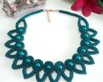 Bohemian Handmade Statement Necklace : Teal Green Choker | Seed Bead Jewelry | Gift For Her