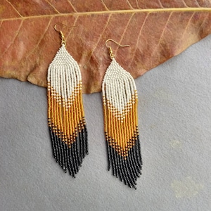 Fringe Seed Bead Earrings, Orange and Black Very Long Beaded Earrings, Long Boho Fringe Dangly Earrings