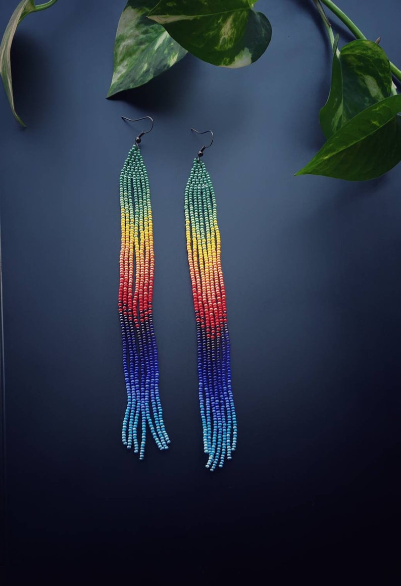 Rainbow Seed Bead Fringe Earrings : Extra Long Ombre Beaded | Bohemian ...
