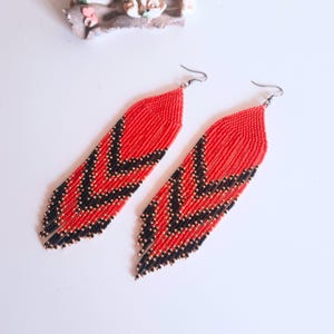 Red and Black Long Fringe Seed Bead Earrings for Women | Handmade Bohemian Cascading Earrings | Gift For Her