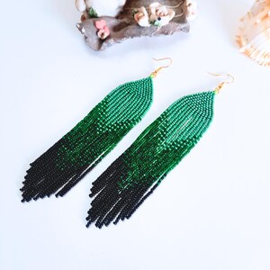 Ombre Green Very Long Seed Bead Fringe Earrings for Women - Handmade Gradient Earrings - Gift For Her