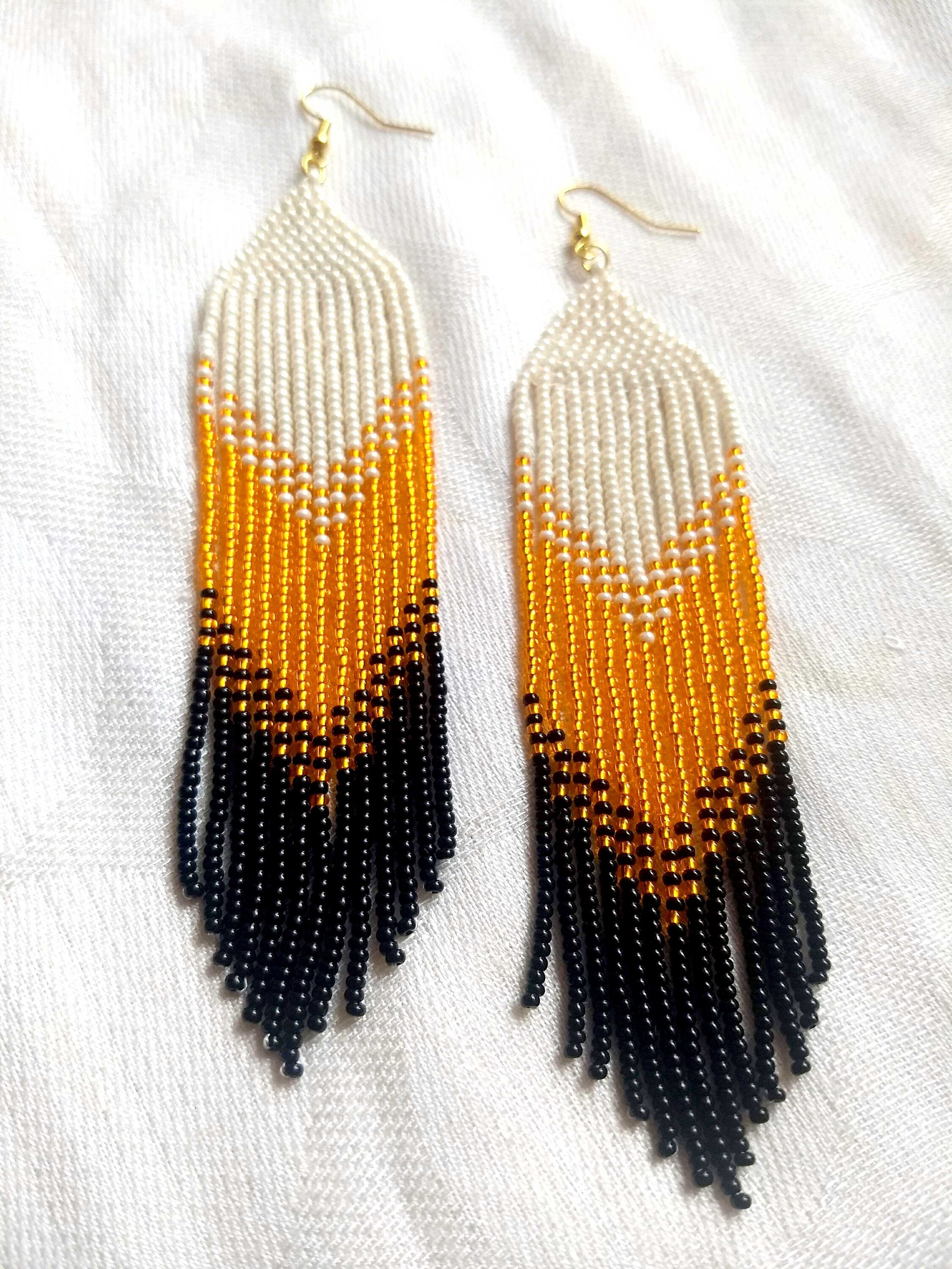 Fringe Seed Bead Earrings Orange and Black Very Long Beaded