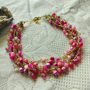 Pink Beaded Crochet Boho Necklace for Women | Handmade Multistrand Bohemian Necklace in Hues of Pink
